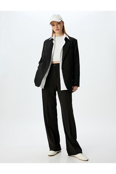 Koton High Waist Ribbed Buttoned Wide Leg Comfortable Fit Fabric Pants