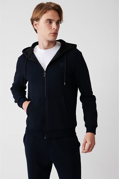 Avva Men's Navy Blue Hooded Raised 3 Thread Zippered Sweatshirt E 001019