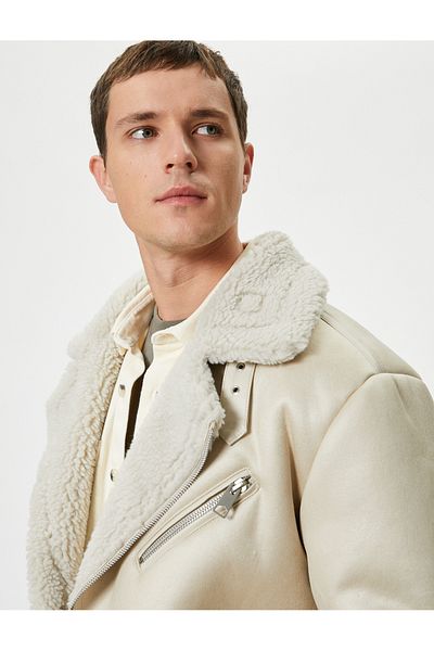 Koton Pelzige Bikerjacke im Wildleder-Look, schmale Passform
