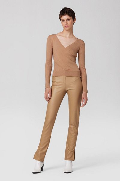 PARKhande Camel Color Long Sleeve Ribbed Tie Blouse - Knit Detail