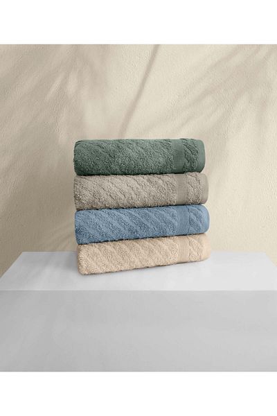 Koza Home Likya 4-Piece Face Dowry Towel Set - 100% Cotton, Jacquard Border, Cross Striped 1014a