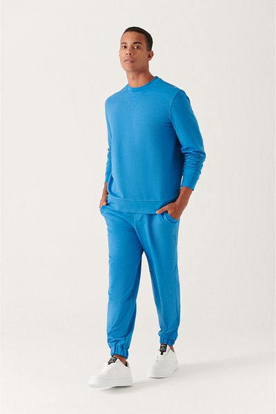 Avva Dunkelblaue Herren-Jogginghose aus Baumwolle mit Schnürung an der Taille, Seitentaschen, elastischen Beinen, 2 Fäden E 003403