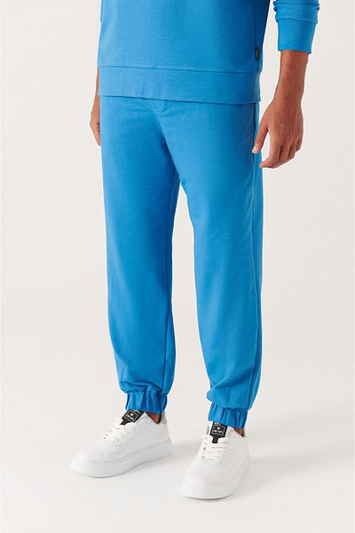 Avva Dunkelblaue Herren-Jogginghose aus Baumwolle mit Schnürung an der Taille, Seitentaschen, elastischen Beinen, 2 Fäden E 003403