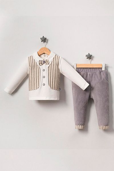 TRENDİMİZBİR Baby Boy Striped Vest Double Suit - Cream & Gray