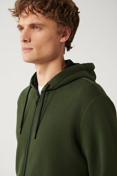 Avva Khakifarbenes Herren-Sweatshirt mit Kapuze – 3 Fäden, Reißverschluss E 001019
