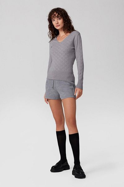 PARKhande V-Neck Openwork Long Sleeve Blouse - Gray