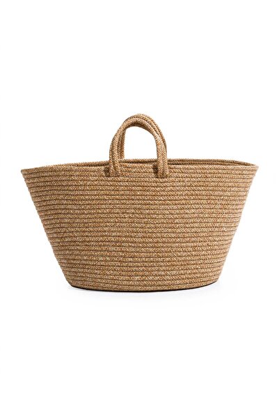 Koza Home Cesta El Yapımı Pamuklu Natural Hasır Çanta Plaj Gündelik Dekoratif Çanta 26x57cm