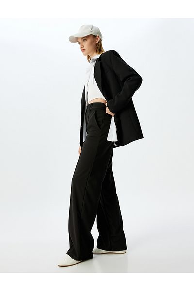 Koton High Waist Ribbed Buttoned Wide Leg Comfortable Fit Fabric Pants