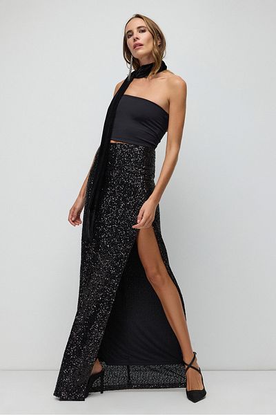 No Matter What Sequined Deep Slit High Waist Skirt