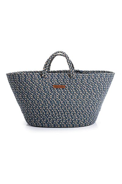 Koza Home Cesta Handmade Cotton Navy Blue Cream Straw Bag Beach Casual Decorative Bag 26x57cm