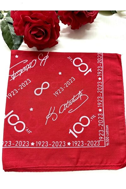 Genel Markalar Kırmızı Atatürk Silüetli Ve Imzalı Pamuk Kumaş Fular - Bandana - 23 Nisan, 29 Ekim, 19 Mayıs