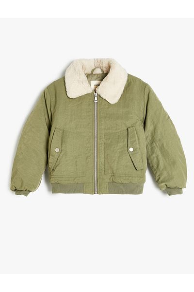 Koton Oversize Bomber Jacket with Plush Neckline - Pocket Detail