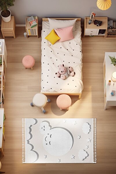 Koza Halı Sparkle Krem Gri Anne Çocuk Bulut Figürlü Çocuk Odası Halısı 133x19...