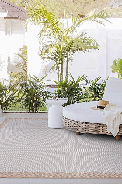 Koza Halı Fresco Ekru Natural Iskandinav Yıkanabilir Bordürlü Halı Kilim Balkon Teras Koridor Halısı 23745a