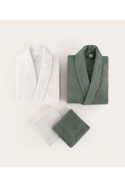 Koza Home Likya Green-White 4-Piece Family Bathrobe and Towel Set - 100% Cotton 2 Robe and 2 Towels 1060a