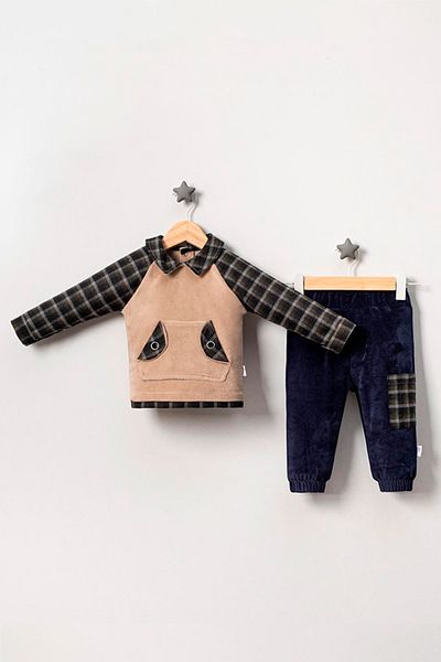 TRENDİMİZBİR Baby Boy Beige Plaid Raglan Sleeve Set