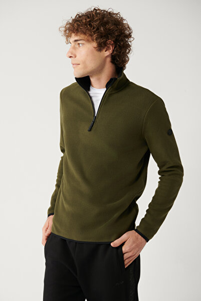 Avva Men's Khaki Cold Resistant Half Zipper Stand Collar Fleece Sweatshirt E 001068