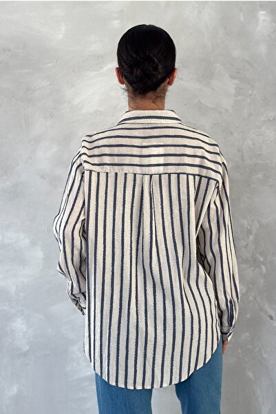 FEMELLE Women's Striped Single Pocket Loose 25% Linen 75% Cotton Oversize Shirt (Buy 1 Size Small)