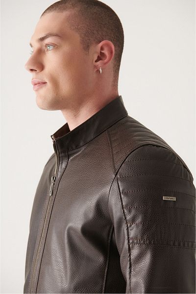 Avva Men's Brown Stand Collar Faux Leather Coat A22Y6078