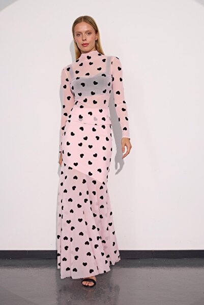 NOK İSTANBUL Heartveil Kalpli Tül Maxi Boy Etek TOZ PEMBE