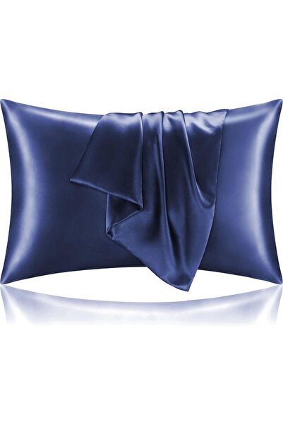 pistore غطاء وسادة من الساتان الحريري باللون الأزرق الداكن - مقاس 50x70 فردي
