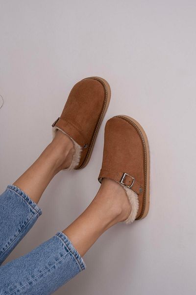 sovrana Tan Suede Sabo - Με γούνα στο εσωτερικό και λεπτομέρεια ζώνης