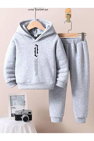 BENROMA Unisex Children's Tracksuit Set - Upright Text Print, Oversize Fit