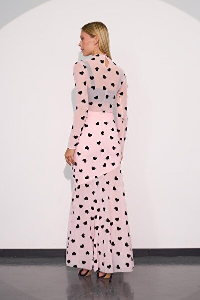 NOK İSTANBUL Heartveil Kalpli Tül Maxi Boy Etek TOZ PEMBE