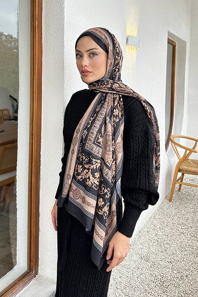 lamelif.com Μαύρο βιζόν - Βαμβακερό σάλι με σχέδιο Versa
