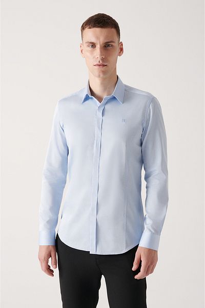 Avva Cămașă albastră pentru bărbați, 100% bumbac, din satin, cu plăcuță ascunsă E 002209