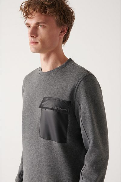 Avva Anthrazitfarbenes Herren-Sweatshirt aus Fallschirmstoff mit Rundhalsausschnitt und Tasche A22y1219