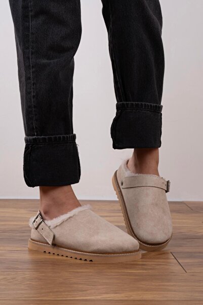 sovrana Beige Suede Sabo - Belt Detailed with Fur Inside