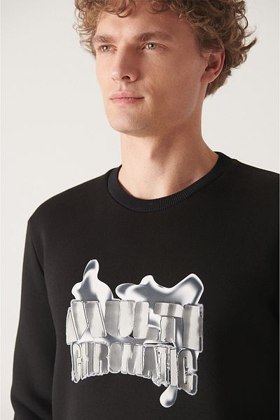 Avva Schwarzes Herren-Sweatshirt mit Rundhalsausschnitt und 3-Faden-Aufdruck A22Y1243