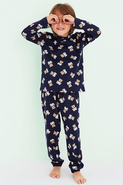 Siyah İnci Boy's Navy Blue Colored Patterned Cotton Pajama Set 24225808