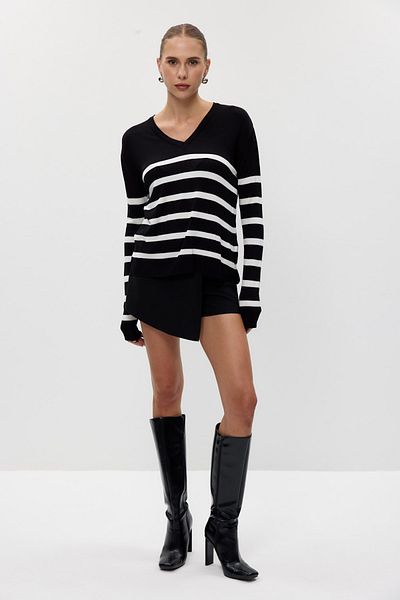 Tuba Butik Striped Basic V-Neck Knitwear Black Women's Sweater