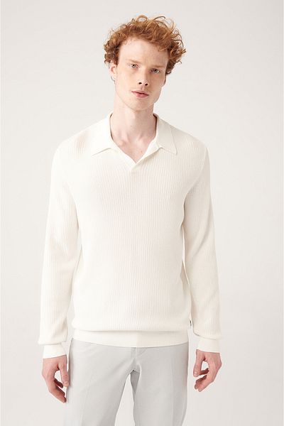 Avva Weißes, knopfloses, strukturiertes Rayon-Strick-T-Shirt für Herren A31y5014