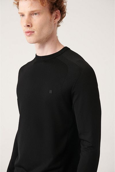 Avva Schwarzes Jacquard-Rayon-Strick-T-Shirt mit Rundhalsausschnitt für Herren A31y5004