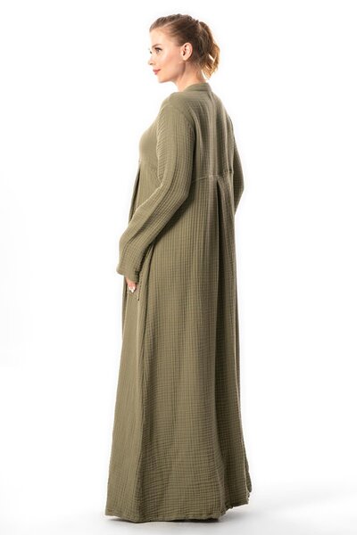 Eliş Şile Bezi Hakim Yaka Cennet Müslin Ferace - Φθινοπωρινό και χειμερινό, με τσέπες και λεπτομέρειες με κουμπιά, χακί Hk