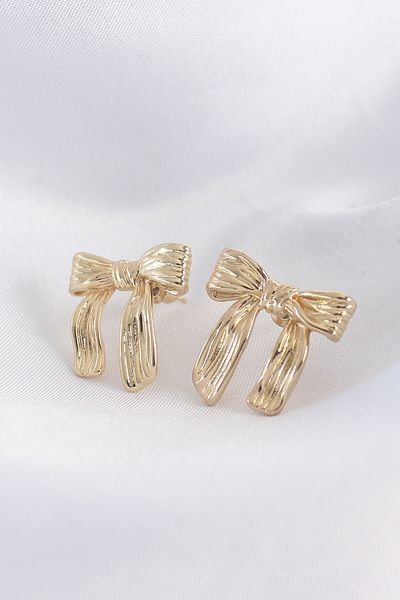 New Things Brass Gold Color Line Detail Bow Earrings