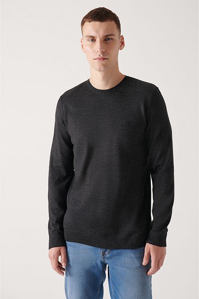 Avva Anthrazitfarbener Basic-Strickpullover aus Wolle mit Rundhalsausschnitt für Herren A22y5110