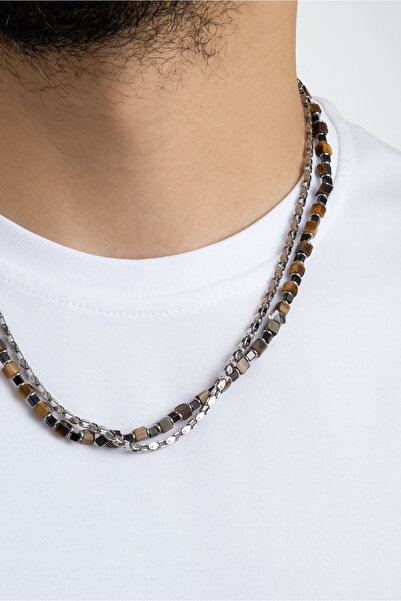 So CHIC... Kaplan Gözü Taşlı 55 Cm Çelik Çoklu Erkek Kolye