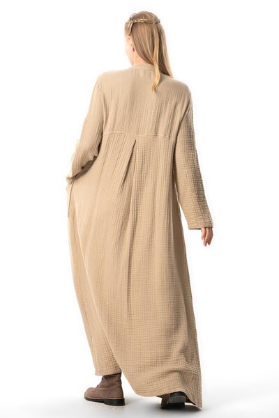 Eliş Şile Bezi Hakim Collar Heaven Long Sleeve Muslin Ferace - with Button Detail and Pockets, Autumn and Winter, Mink Vzn