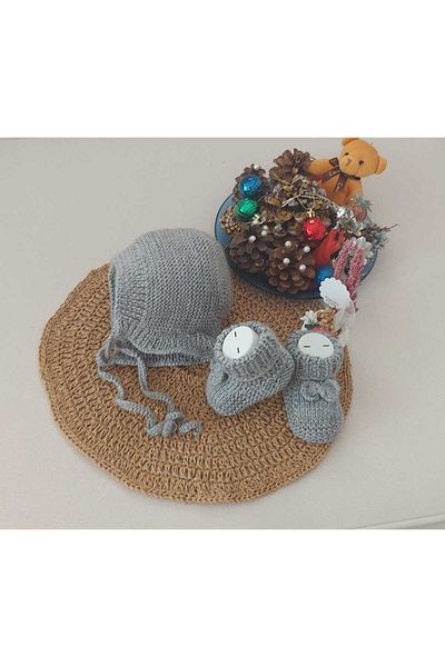 BEGİN Gray Cotton Lora Hat for 0-12 Months Baby - Newborn Gift Booties