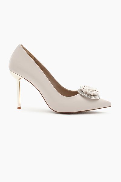 Tonny Black Women's Beige Neolit Sole Front Rose Patterned Rhinestone Pointed Toe High Heel Shoes