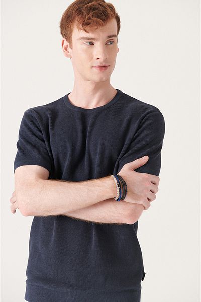 Avva Ανδρικό μπλουζάκι με ριμπ πλεκτό με υφή Navy Blue Modal Crew Neck B 005010