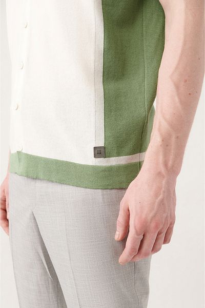 Avva Water Green Men's Knitwear T-Shirt - Cuban Collar, Color Block, Buttoned A31Y5016