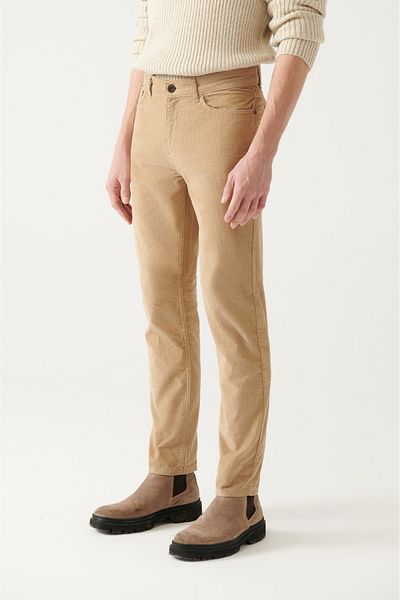 Avva Pánské béžové 100% bavlna Dobby 5 Pocket Lycra sametové kalhoty A22Y3044
