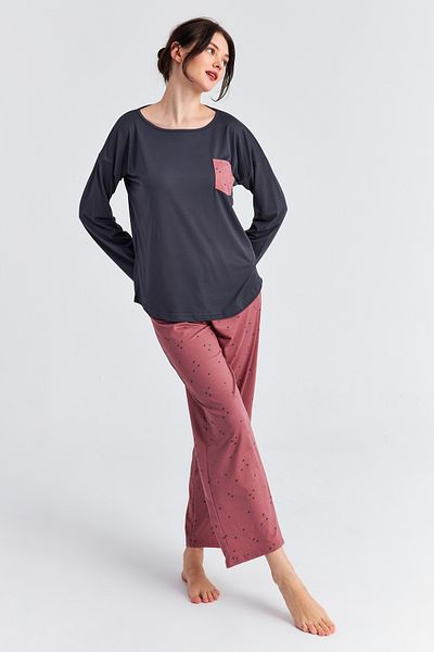 Ecrou Women's Powder Heart Pocket Long Sleeve Trousers Pajama Set