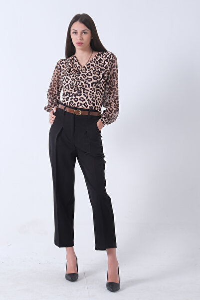 Feminist Arka Cep Kapaklı 2 Yan Cepli Kemerli Pantolon Siyah 3974164