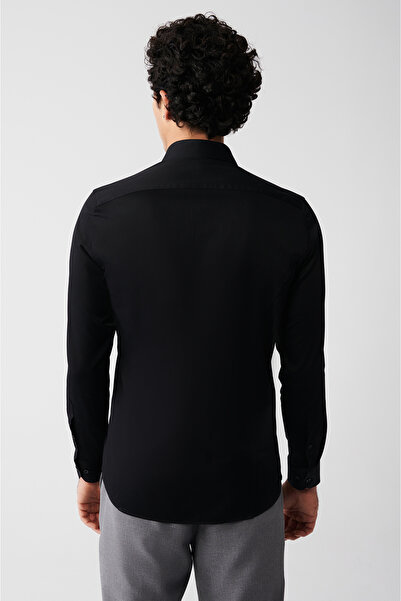 Avva Erkek Siyah %100 Pamuk Klasik Yaka Saten Slim Fit Gömlek B002002